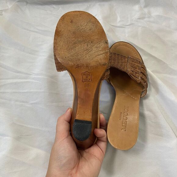 Tan Brown Braided Open Toe 90s Euro Leather Block Wedge Heels Sandals 6.5 - Picture 7 of 8